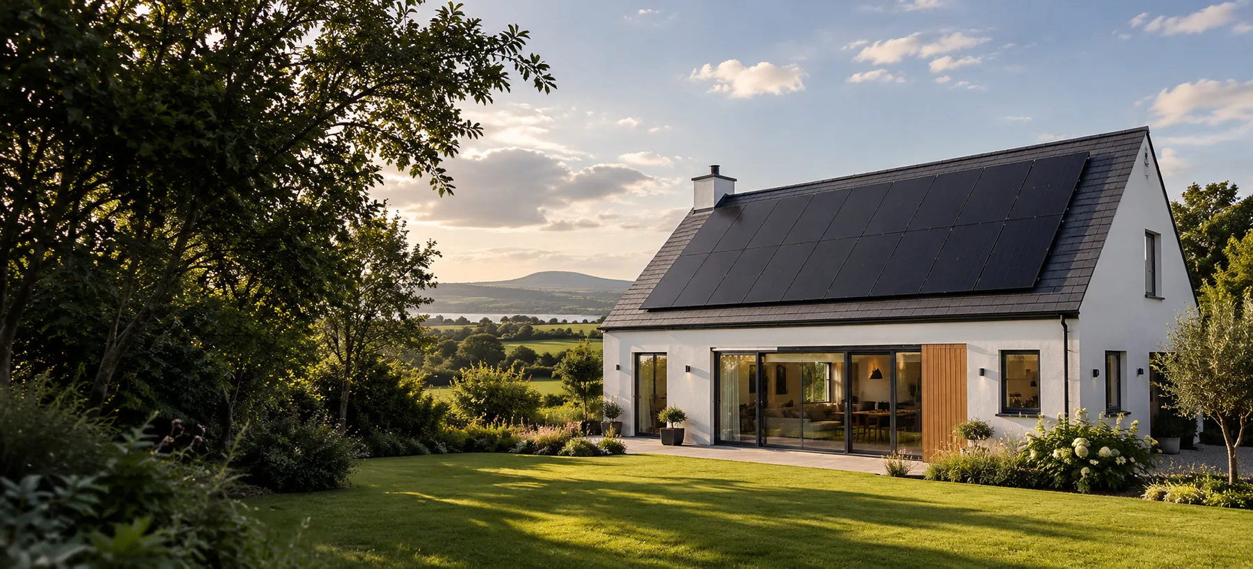 Solar panels on the roof of a house surrounded by a green garden
